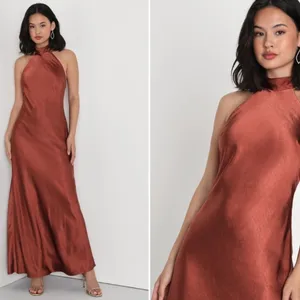 LULU's Sexy Prom Wedding Bridesmaid Satin Open Back Halter Maxi Dress NWOT thumbnail 4