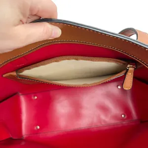 Faux Leather Brown Double Handle Red Lined Tote Bag Purse thumbnail 10