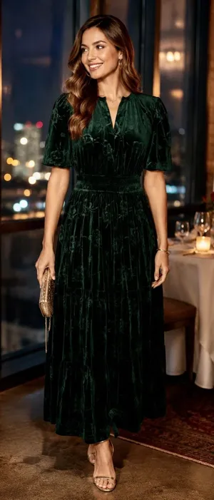 BALTIC BORN Green Velvet Artemis Maxi Dress Tonal Floral Smocked Flutter Small thumbnail 1