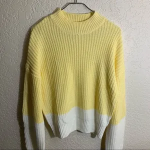 GB Sweater Yellow M Women Colorblock Ribbed Knit Mock Neck Casual thumbnail 3