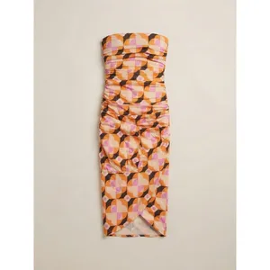 Anthropologie Women Dress XS Orange Pink Geometric Ruched Strapless Midi Wrap thumbnail 2