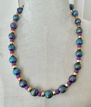 Blue purple and gold ribbon beaded necklace thumbnail 1