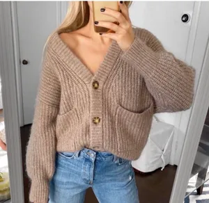 ZARA Patch Pocket Knit Oversized Cardigan Jacket Sweater Outerwear Tan Brown thumbnail 3