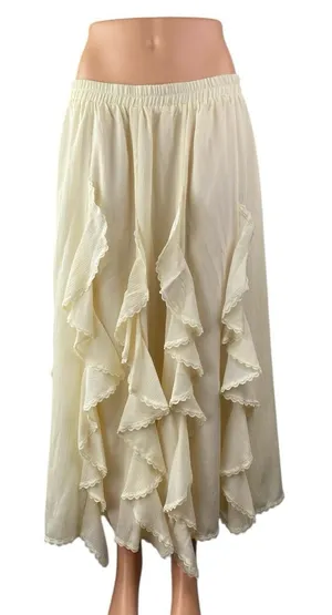 Commense Women's Cream White Ruffles Elastic waist Midi Flared A-Line Skirt XL thumbnail 1