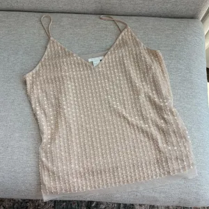 H&M Sequin Tank Top Size 8 Beige Mesh Spaghetti Strap Glam Party Holiday Work thumbnail 3