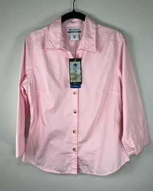 Columbia Bayview 3/4 Sleeve Button-Up Shirt Pink Split Cuff Outdoor Office NEW M thumbnail 1