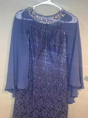 SLNY Women 6 Navy Blue Lace Sequin Evening Gown Cape Sleeve Formal Dress thumbnail 2