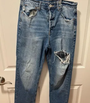 American Eagle Outfitters Women's Blue Distressed Straight Jeans thumbnail 1
