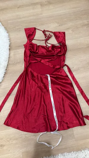 NWT Lucy In The Sky Cowl Neck Satin Open Back Dress in Red thumbnail 3