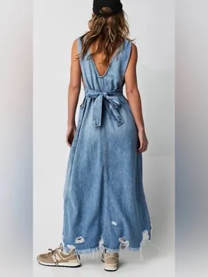 Free People We The Free Wonderland Denim Maxi Dress Small thumbnail 5