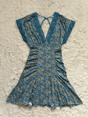 Free People Sweet Talker Mini Dress Short Sleeve V-neck Floral Blue Sz S thumbnail 2