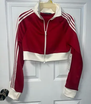 Love poem red track jacket striped cropped zip up sweater athletic activewear large new thumbnail 1