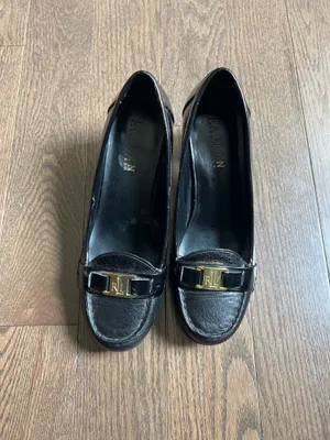 Ralph Lauren Black Leather Block Heel Loafers with Gold RL Accent size 6.5 thumbnail 2