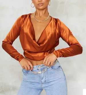 Pretty Little Thing New Satin Cowl Neck Long Sleeve Crop Top Rust Size 6 thumbnail 5