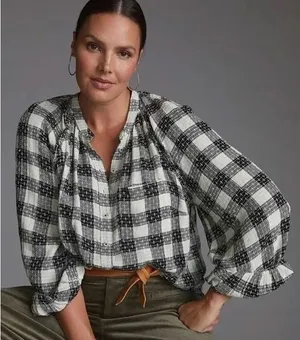 Anthropologie Pilcro Puff Sleeve Button Top M Gingham Plaid Wool Blend Cottage thumbnail 1