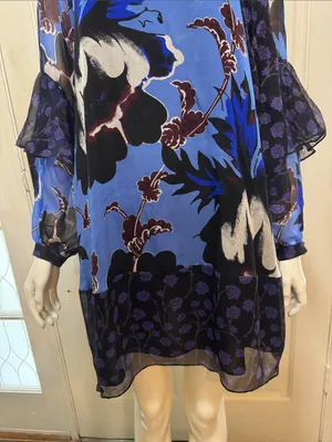 Diane von Furstenberg Designer 100% Silk Floral Blue Long Sleeve Blouse Size S thumbnail 5