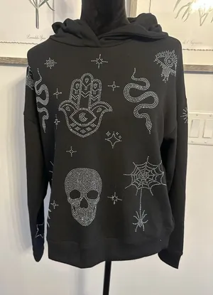 Marled Rhinestone Hoodie Pullover Sweatshirt Size Medium Black Skull Hamsa Snake thumbnail 1
