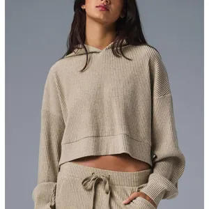 ALO Yoga Tan Ribbed Women's Hoodie Sweater and joggers thumbnail 5