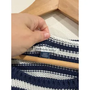 American Eagle Striped Knit Sweater Navy White Light Blue Trim Women Small thumbnail 4