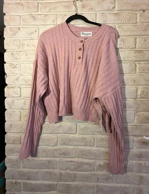 No Boundaries Pink Pointelle Henley Drop Shoulder Pullover Sweater thumbnail 1