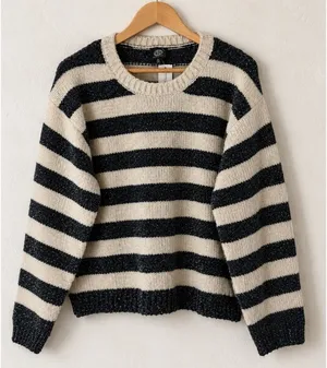 Bobeau Chenille Shine Stripe‎ Sweater Women Medium Ivory Black NWT Metallic Knit thumbnail 1