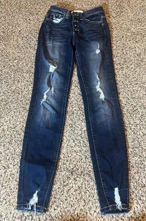 Kancan Womens Dark Wash Distressed Button Fly Skinny Jeans‎ KC6192D Size 23 thumbnail 1