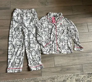 Hello Kitty White Pajama Set with Black Print and Pink Piping thumbnail 1