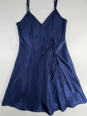 Fredericks of Hollywood Navy Blue Satin Chemise Slip Dress Side Tie‎ Lingerie S thumbnail 1