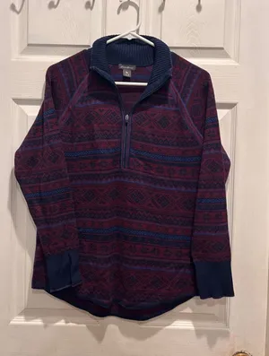 Eddie Bauer Womens Burgundy Fair‎ Isle Quarter Zip Pullover Sweater Size M Cabin thumbnail 1