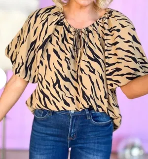 Entro Women’s Camel & Black Tiger Print Blouse Size Large Flowy Cottagecore EUC thumbnail 2