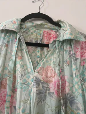 Floral Mint Green Pink Satin Maxi Dress Medium Spa Resort Lounge Caftan Beach thumbnail 4