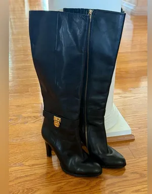 MICHAEL Michael Kors Knee-High Black Leather Heel Boots with Gold MK Size 7M thumbnail 1