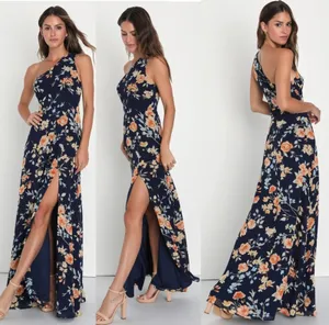 Lulus Elegant Admiration Navy Blue Floral One-Shoulder Maxi Dress Party Medium thumbnail 2