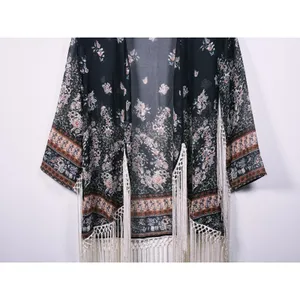Abercrombie Boho Fringe Kimono Size XS Black Hippie Festival Coachella Western thumbnail 10