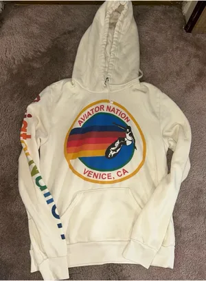 Aviator Nation Vintage White Cream Logo Drawstring Hoodie S thumbnail 2