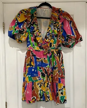 Colorful Abstract Print Mini Dress with Ruffle V-Neck thumbnail 1