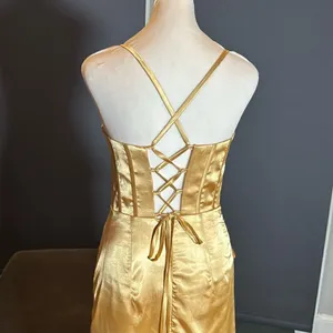 Women’s Gold Full Length Prom Party Dress Criss Cross Straps LegSlit Size 4 NWOT thumbnail 6
