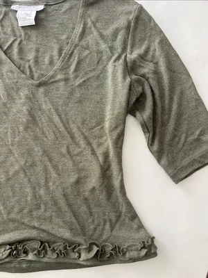Vintage VTG IZUMI Short Sleeve Stretchy Ruffle Trim Y2K V Neck Top Olive Green S thumbnail 3
