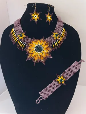 Handmade Sunflower Seed Bead Jewelry Set - Yellow & purple multicolor thumbnail 1