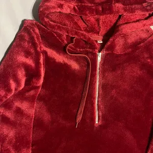 Plush Red Half-Zip Hoodie Sweater Women’s Size Large – Soft Fuzzy Pullover thumbnail 3
