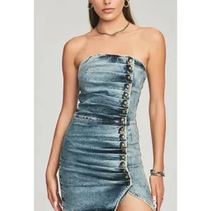 Retrofête Megh Strapless pleated Denim Mini Dress Marble Sky Button Front XS thumbnail 2