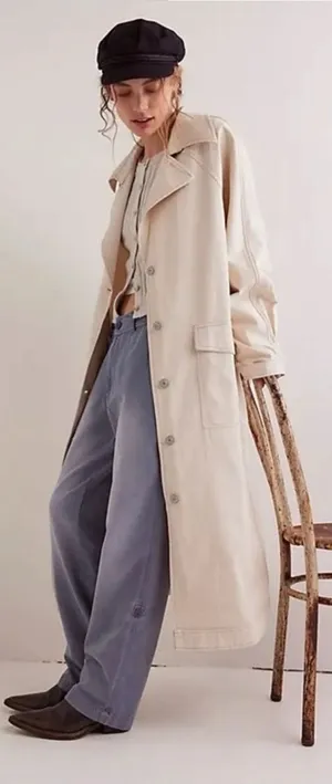 Free People Perry Military Duster Trench Coat in French Oat Grunge Denim Medium thumbnail 1