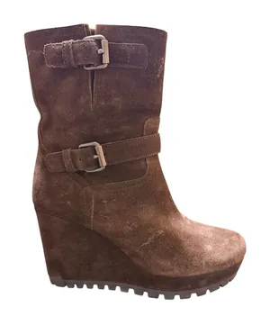 Prada Sport Brown Suede Double‎ Buckle Wedge Lug Sole Mid Calf Moto Boots 37.5 thumbnail 1