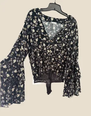 Intimately Free People Black‎ Floral Tiered Bell Sleeve Button Front Bodysuit M thumbnail 1