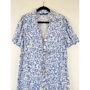 ZARA Womens Dress Blue Midi Floral Ditsy Shirtdress Linen Short Sleeve Medium thumbnail 6