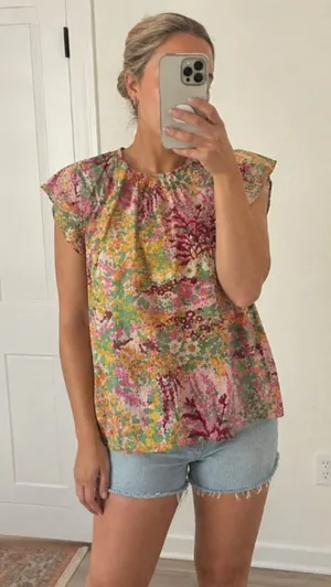 BANJANAN Floral Flutter Sleeve Blouse in Pink Size Small thumbnail 1