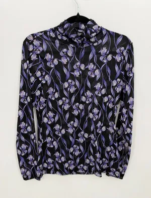 WHBM Purple Iris Floral Mesh Mock Neck Top Small Black Grunge Festival Boho Art thumbnail 1