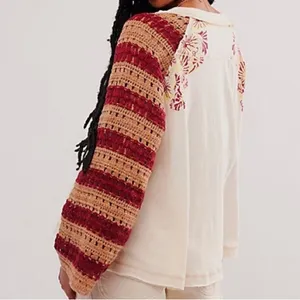 Free People Festival Ready Tee Crochet Sleeve Cream & Rust Knit Top Size Large thumbnail 6