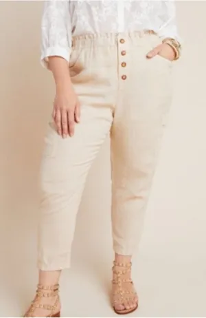AMADI Anthropoligie 100% Linen Paperbag Wide Leg Cargo Pants Tan Size L‎ thumbnail 1