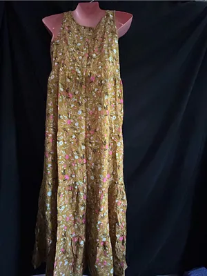 Floral Tiered Lightweight Maxi Dress in Mustard with Pink Floral Print SM thumbnail 2